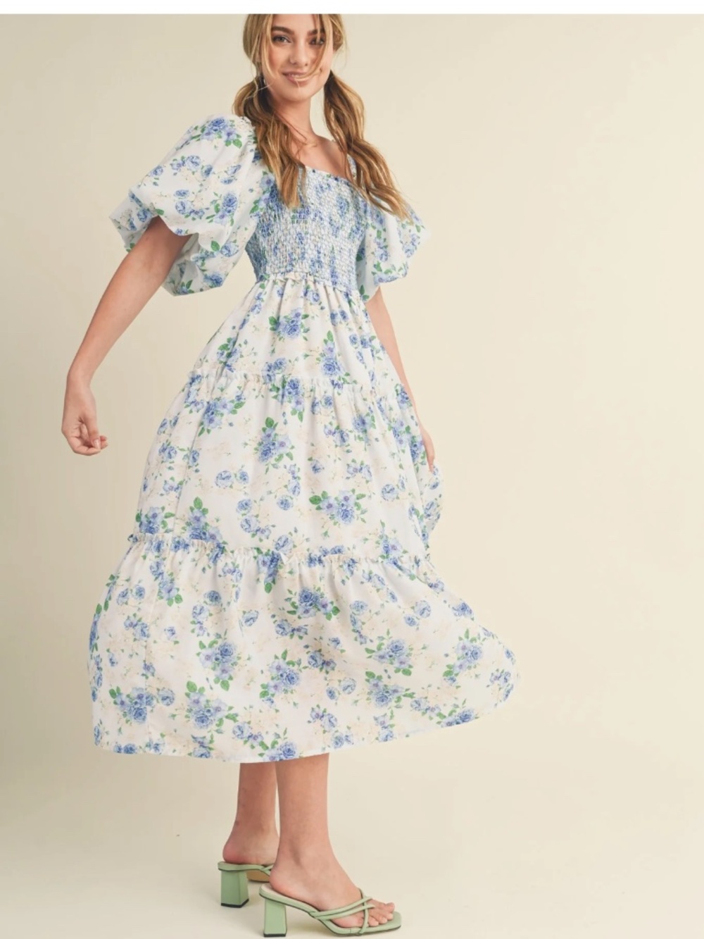 &Merci & Merci floral smocked bodice dress primrose midi ruffled Large L - Picture 3 of 7